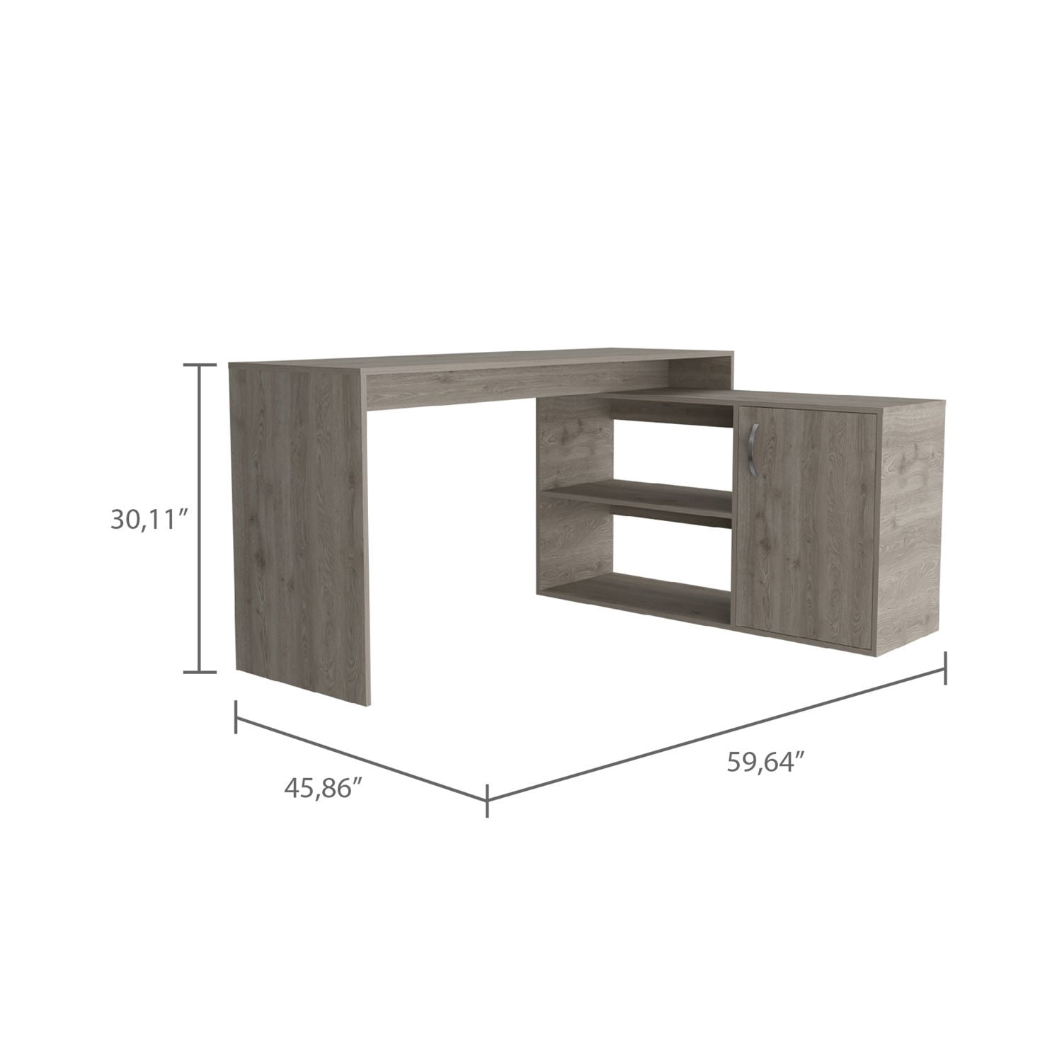 Asteroutdoor Ridley 2-Shelf L-Shaped Writing Desk, Light Gray, 59.64 in W x 30.11 in H x 45.86 in D, One Door-Cabinet, Manufactured Wood