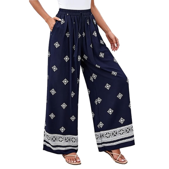 Tnhcen Women's Bohemian Print Drawstring Palazzo Pants, 100% Polyester Pre - Shrunk Bamboo Modal, Elastic Waist Beach Vacation Casual Wide Leg Trousers for Women S - 2XL