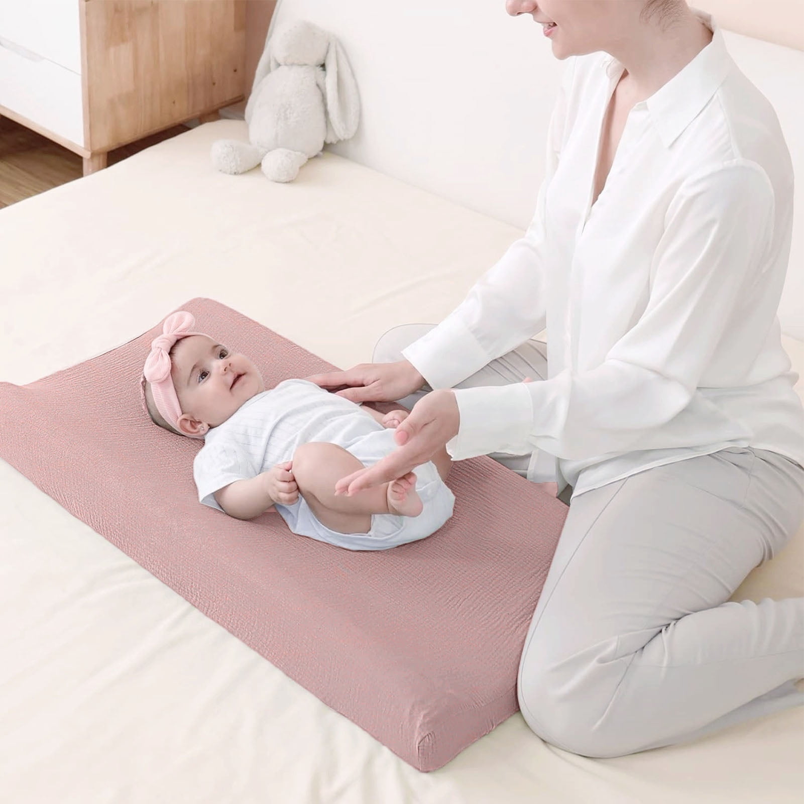 BOKYAN 2 Pack Pure Cotton Baby Diaper Changing Pad Covers Removable Washable Nursery Table Sheets, 32.28 inches / 82 cm, Cream Pink