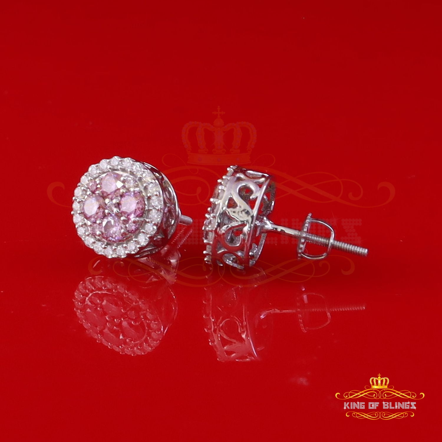 King of Bling's 925 Silver White 1.00ct VVS D Men's/Women's Pink Moissanite Round Stud Earrings