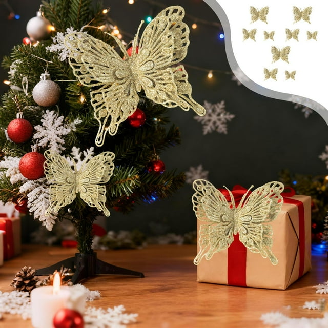 Plastic Butterfly Ornament, Christmas Decorations Christmas Tree Ornaments Wedding Decorations Gold Powder Butterflies 9-Piece Set Gold Powder Butterflies Photography Props