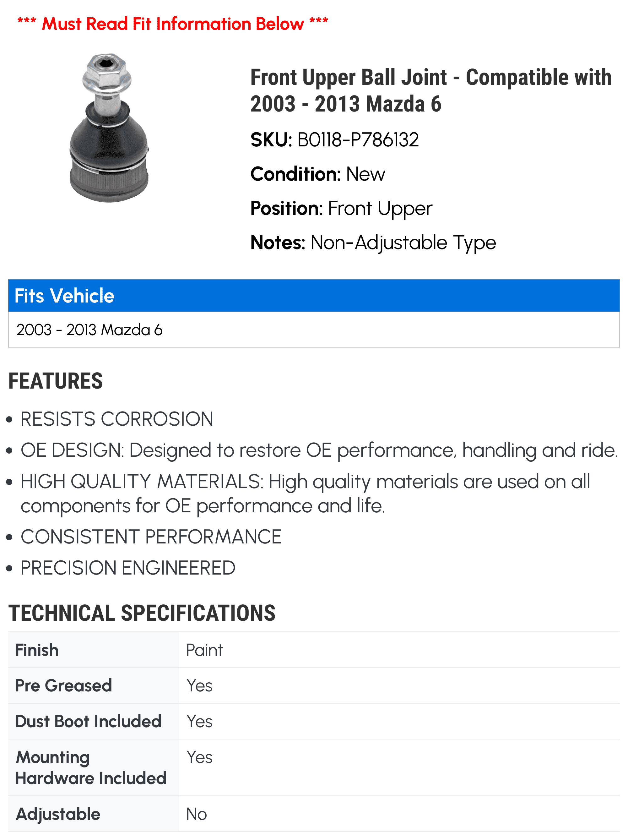 Front Upper Ball Joint - Compatible with 2003 - 2013 Mazda 6 2004 2005 2006 2007 2008 2009 2010 2011 2012