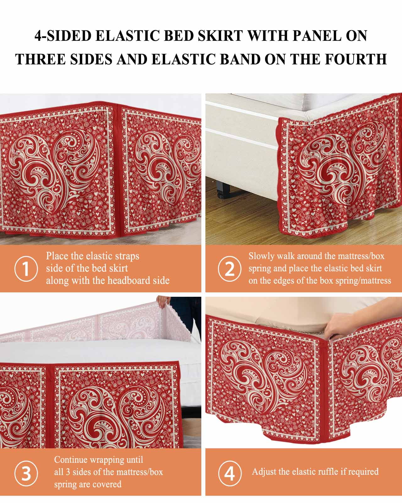Valentine's Day Wrap Around Bed Skirts for California King Bed 16" Drop,Bed Skirt with Adjustable Elastic Belt Dust Ruffle Bed Valance Red Love Vintage Country Abstract Art Bed Frame Cover