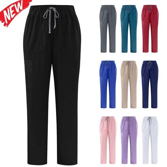 Tqyyweavej Unisex's Scrub Pants Drawstring Straight Leg Solid Color Pant Stretchy Elastic Waist Work Pants Women Men with Multi Pockets