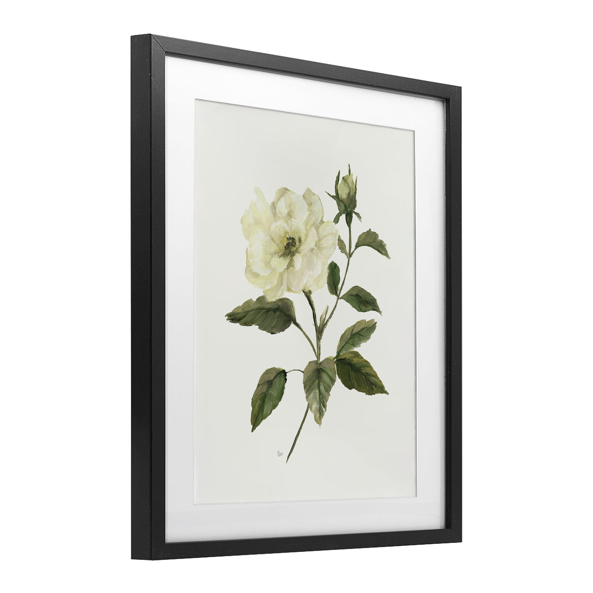 Stupell Industries Ivory Rose Bloom With Green Foliage Black Framed Print Under Glass, design by Nan
