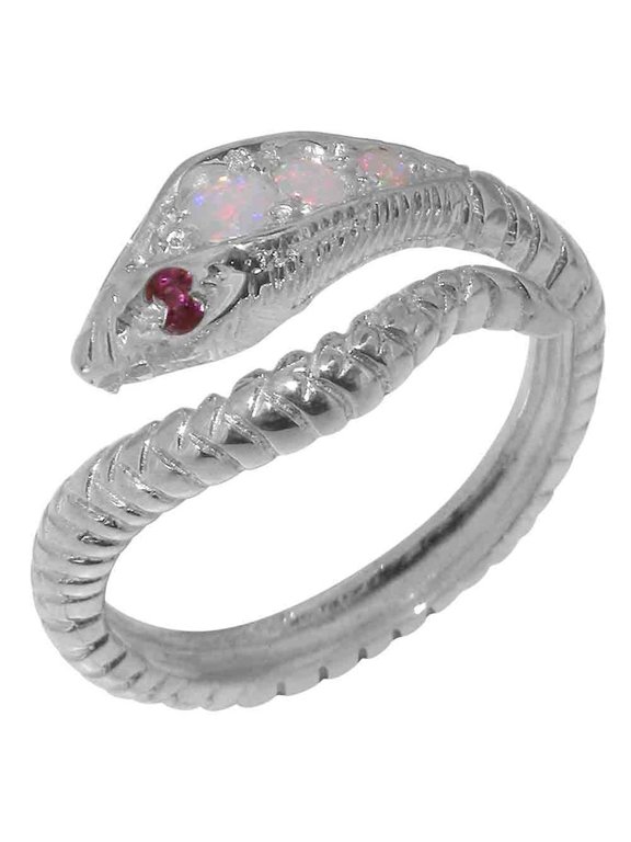 LBG British Made 18k White Gold Natural Opal & Ruby Womens Band Ring - 33 size options - Size 7.75
