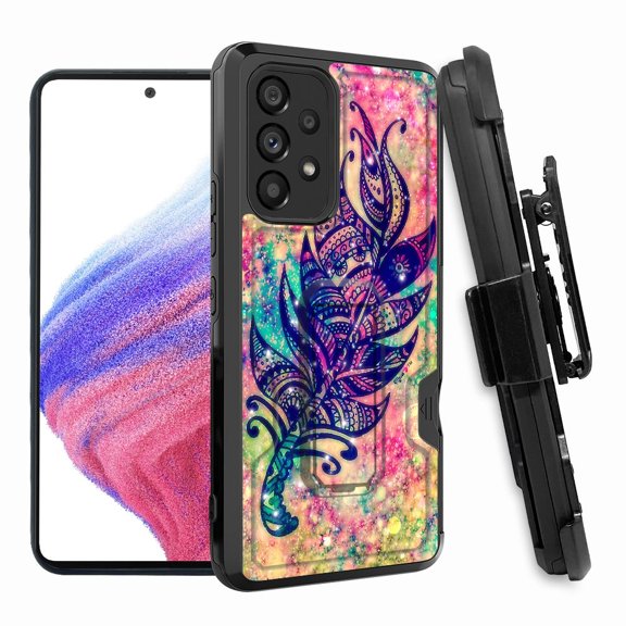 ANJ  Rugged Shockproof Hoster Case w/Card Slot, Kickstand   Tempered Glass Cover for Samsung Galaxy A33 5G - Tribal Dream Feather