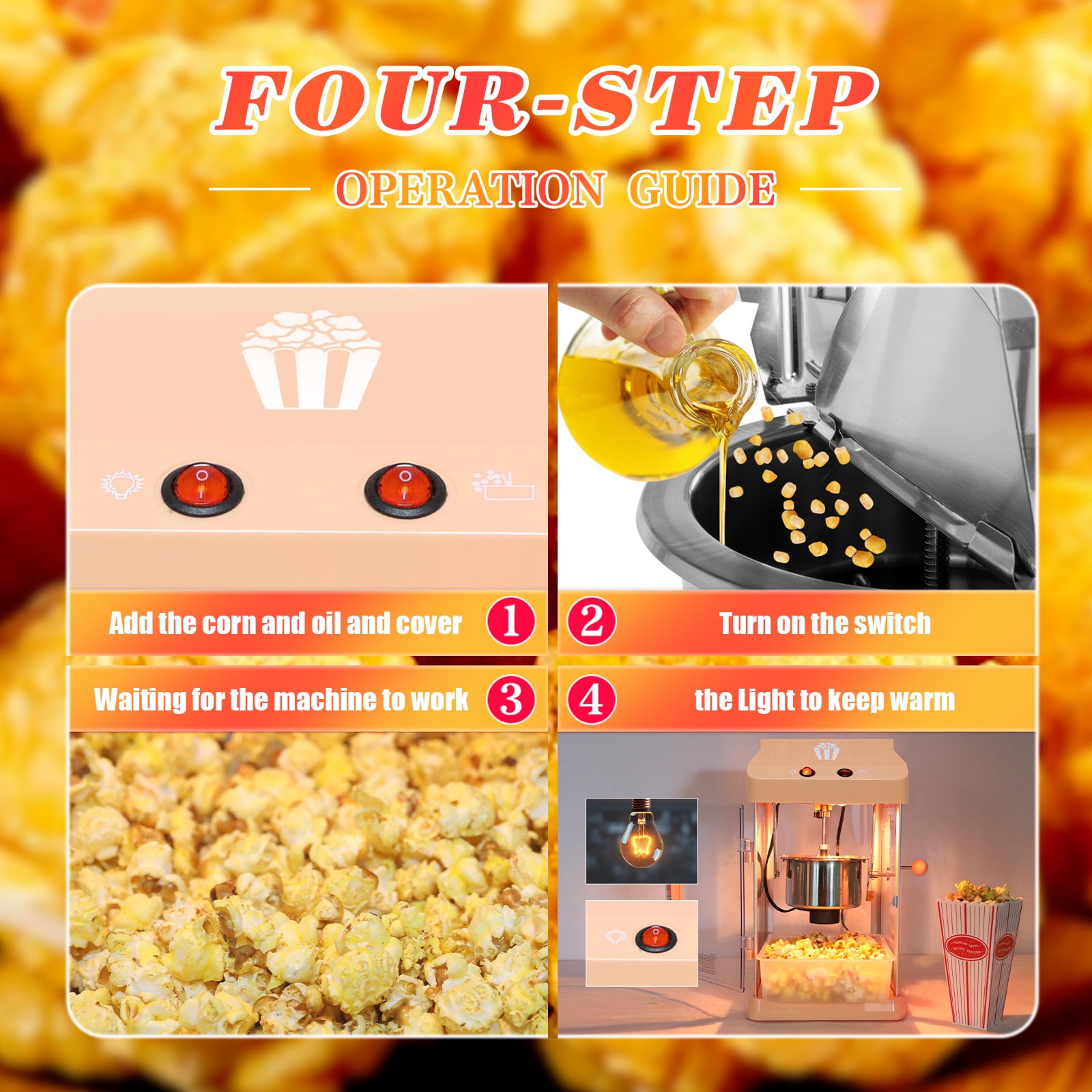 Yoneston 4 oz Countertop Popcorn Machine, 300W Commercial Popcorn Maker with Plexiglass Shield & Warming Light, Produces Fresh Popcorn for Home Movie Nights, Orange