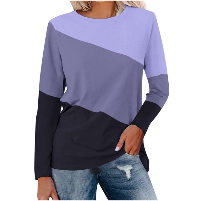 KIHOUT Spring Winter Womens Tops Solid Color Block Round-Neck Long Sleeve Loose Sweatshirts Blouse Top