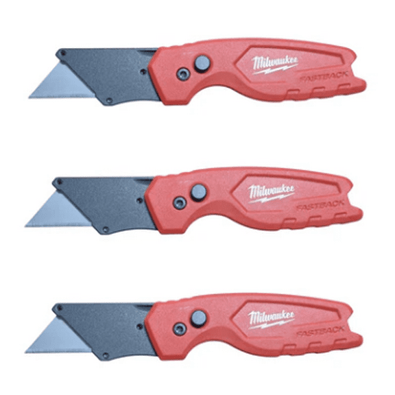 Milwaukee FASTBACK Compact Folding Utility Knife (3-Pack) – Press & Flip, Quick Blade Change, Belt Clip (48-22-1500PA)