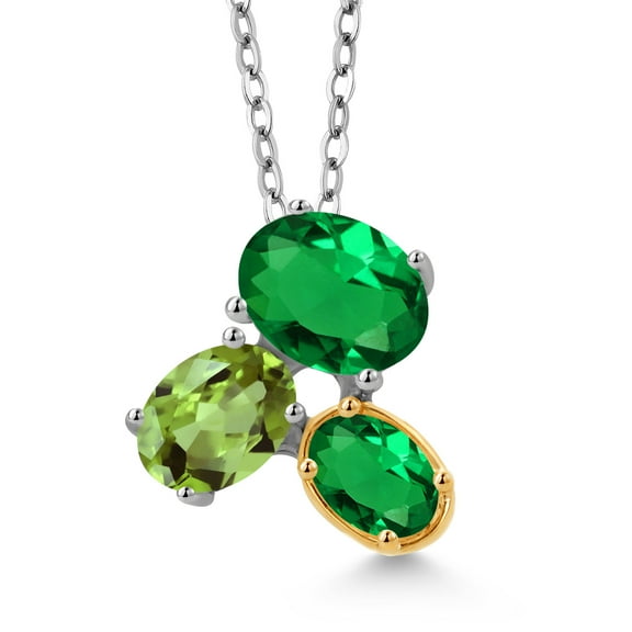 Gem Stone King 925 Silver and 10K Yellow Gold Green Nano Emerald and Green Peridot Pendant Necklace for Women (2.05 Cttw, Oval 8X6MM, 7X5MM and 6X4MM, Gemstone May Birthstone, with 18 inch Chain)