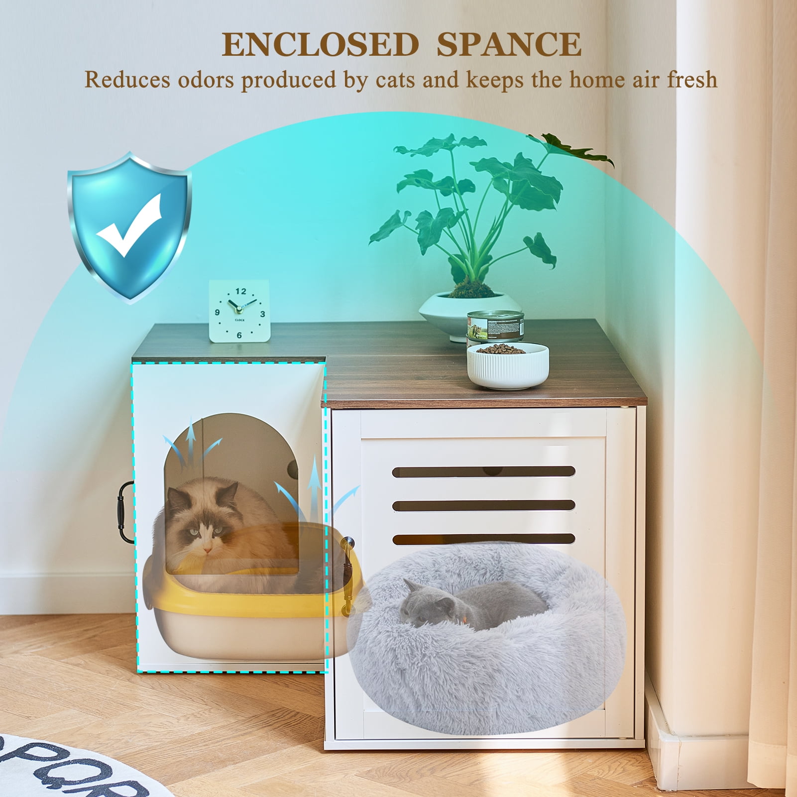 JanflyHome Litter Box Enclosure Furniture, Farmhouse Corner Cat Litter Box Enclosure for 2 Cats with 2 Silicone Food Bowls, White
