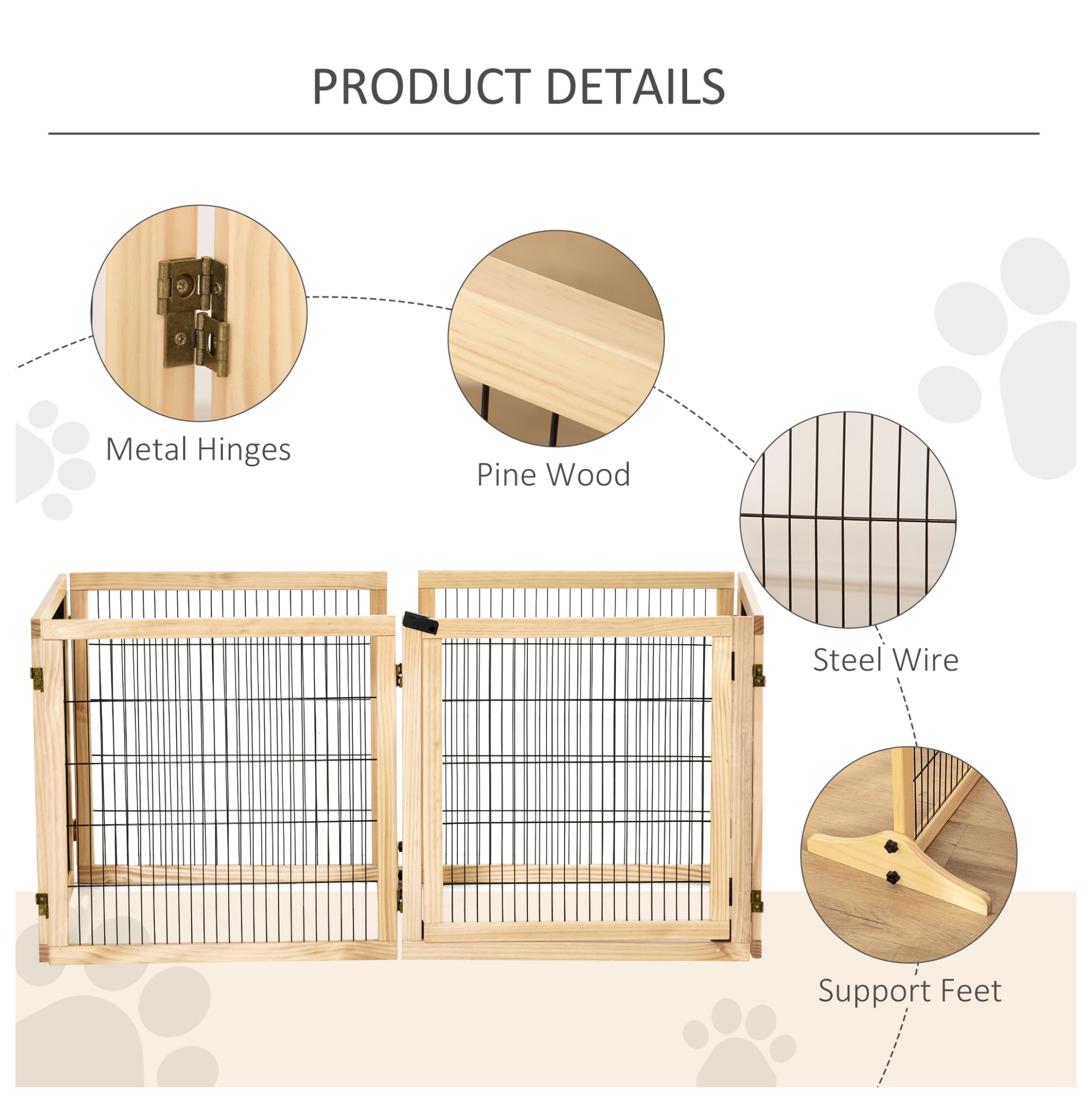 Wooden Dog Gate, 170" Freestanding Pet Gate, 6-Panel Foldable Dog Safety Barrier with 2 Support Feet for House Doorway Stairs, Small and Medium Dogs, Natural Wood