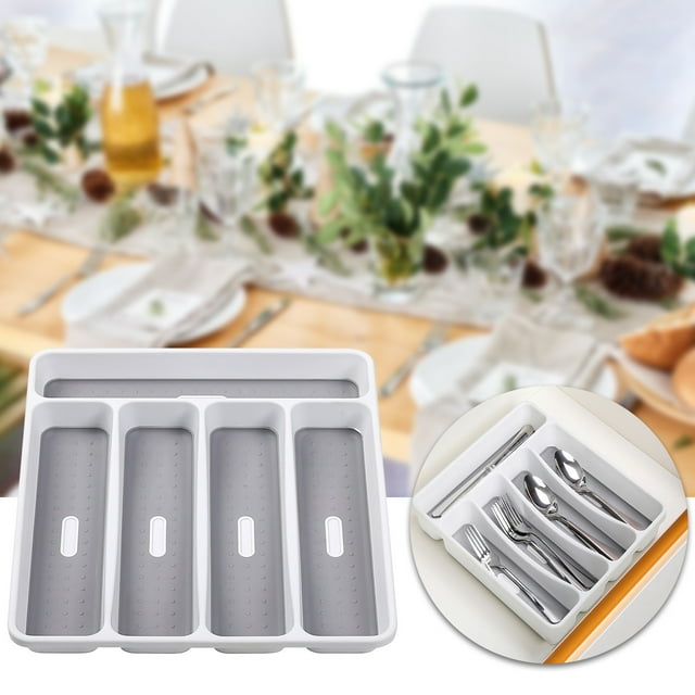 Fiudx Bandeja Clásica para Cubiertos, Organizador de Cocina de 5 Compartimentos, Patas de Goma Antideslizantes, Revestimiento de Agarre Suave, Fácil de Guardar, Apto para Cajones Pequeños, Color Gran
