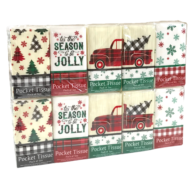 Holiday Merry Christmas Ho Ho Ho Pocket Facial Tissues, 20 Packs of 10