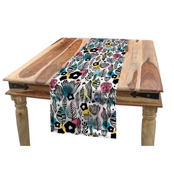 Floral Table Runner, Botanical Illustration in Doodle Art Style with Abstract Leaves and Colorful Spots, Dining Room Kitchen Rectangular Runner, 3 Sizes, by Ambesonne