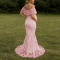 thumbnail image 5 of Gyujnb Off Shoulder Ruffle Flutter Sleeve Lace Maternity Gown Thin Spaghetti Strap Liner Fitted Long Train Formal Dress Elegant Outfit for Maternity Photoshoot Postpartum Party Wear,M, 5 of 7