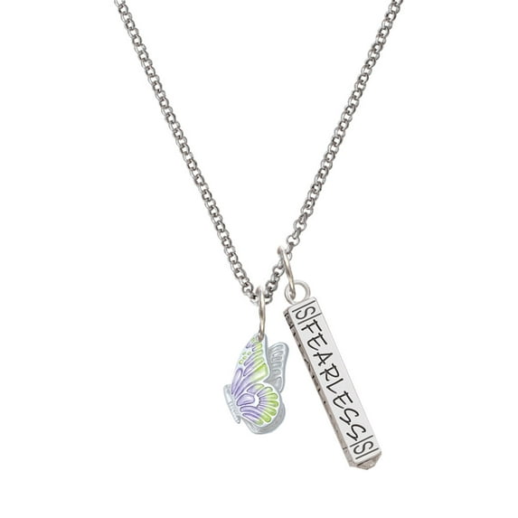 Delight Jewelry Silvertone Translucent Purple & Lime Green Flying Butterfly Silvertone Fearless Bar Charm Necklace, 23"
