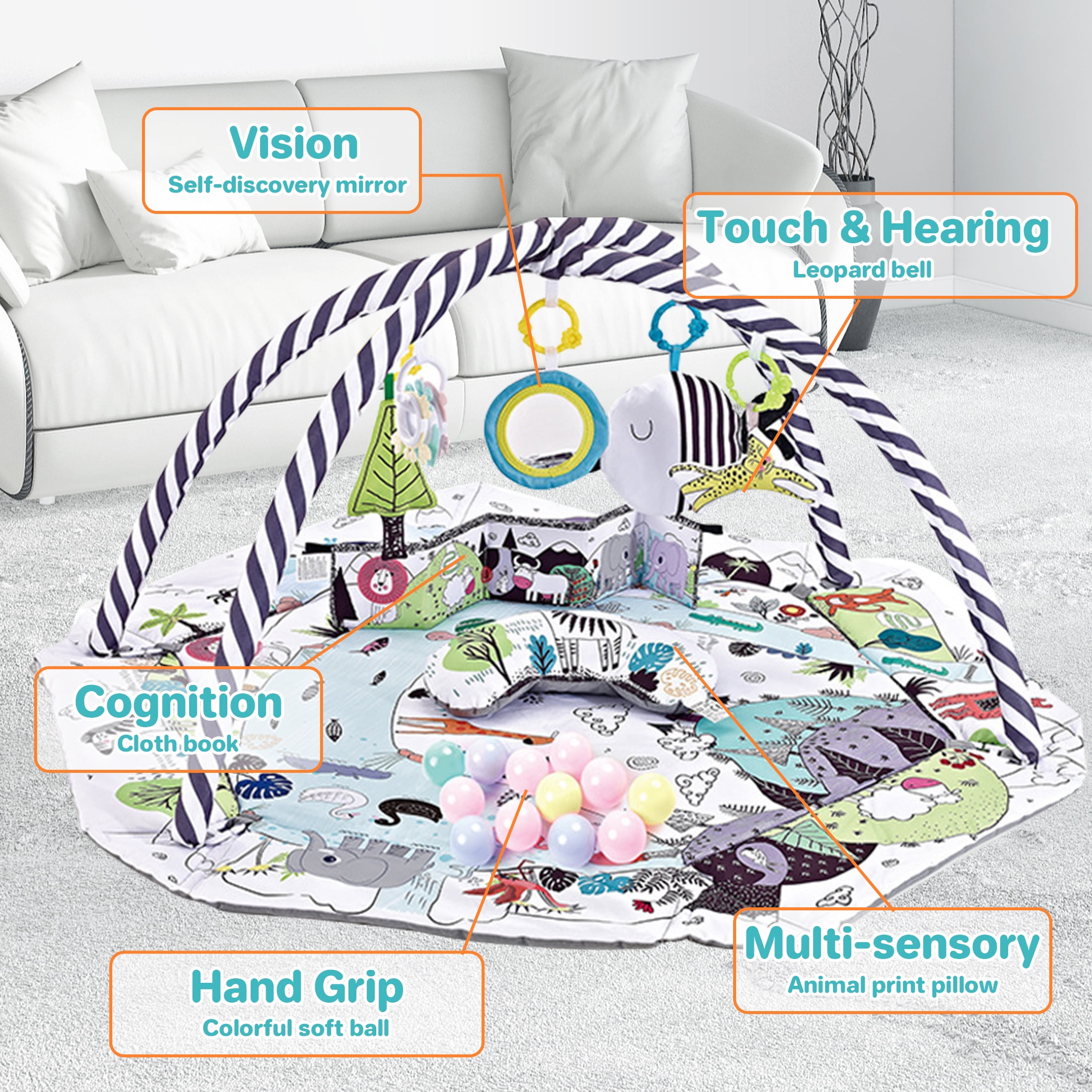 Baby Play Gym and Activity Mat - 4-in-1 Tummy Time Gym with Sensory Toys for Infants & Toddlers, White