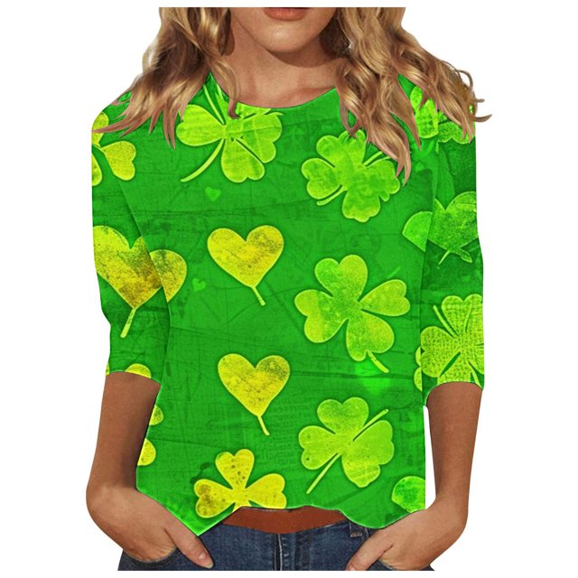 Diufon T-Shirts de la Saint-Patrick pour Femmes Décontractés Grande Taille Imprimé Trèfle Manches 3/4 Col Rond