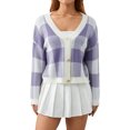 thumbnail image 1 of KOMOO Women Plaid Cropped Sweater Long Sleeve V-Neck Button Down Cardigan Knitwear Knitted Top Shirt, 1 of 7