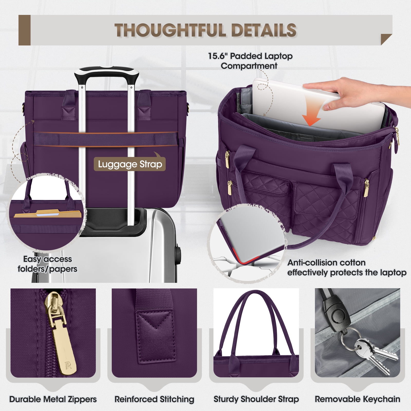 RAINSMORE Teacher Tote Bag with Insulated Lunch Compartment Lightweight 15.6 inch Laptop Bag for Women Work Bags Nurse Tote Bags,DarkPurple