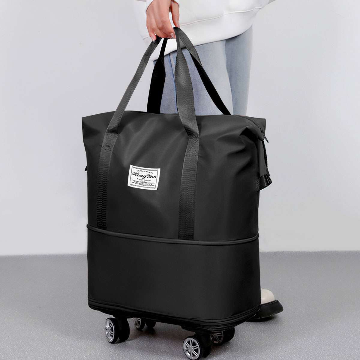 BadPiggies Foldable Travel Duffel Bag, Expandable Suitcase Large Rolling Luggage Carry on Bag for Women & Men - Black