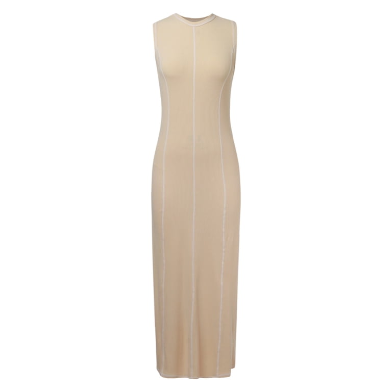 Riforla Womens Sleeveless T Shirt Dress Summer Contrast Ribbed Knit Tank  Maxi Dresses Fit An Flare Dress Beige L - Walmart.com