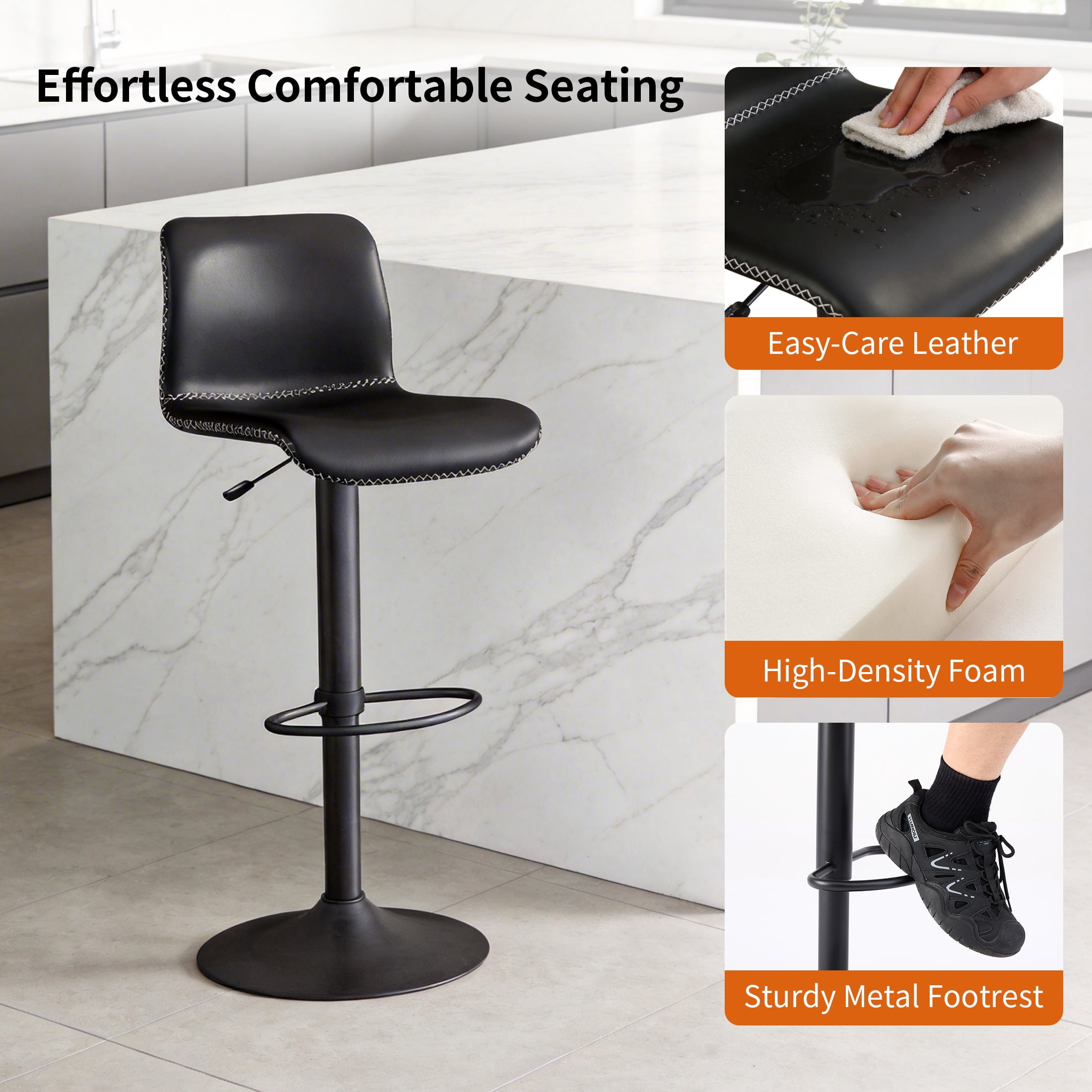 FIRAVOE Swivel Bar Stools Set of 4, Counter Height Bar Stools with Back, Adjustable Bar Stools 24" to 32", Black Leather Kitchen Barstools Counter Stools Island Bar Chairs
