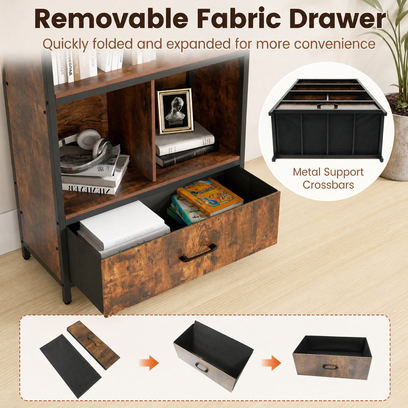 Furnibear 56" Tall Freestanding Bookcase with Drawer 5 Tier-RusticBrown for Living Room Home Office Bedroom Display Storage Shelf, Coffee