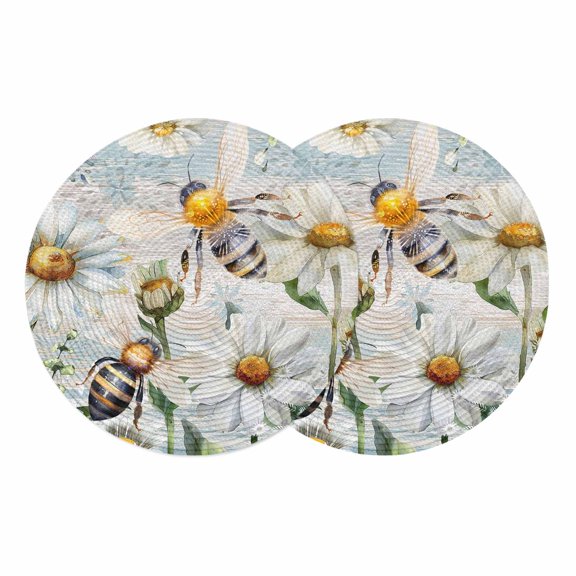 Summer Botanical Round 13 Inch Placemats Set of 2, White Daisy Botanical Bee Farmhouse HeatResistant Non Slip Place Mats for Dining Table, Wipeable Braided Kitchen Table Mats for Housewarming