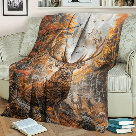 1pc Soft Flannel Jungle Wild Elk Gift Blanket for Couch Sofa Office Bed Camping Travel, Multi-purpose Blanket for All Season