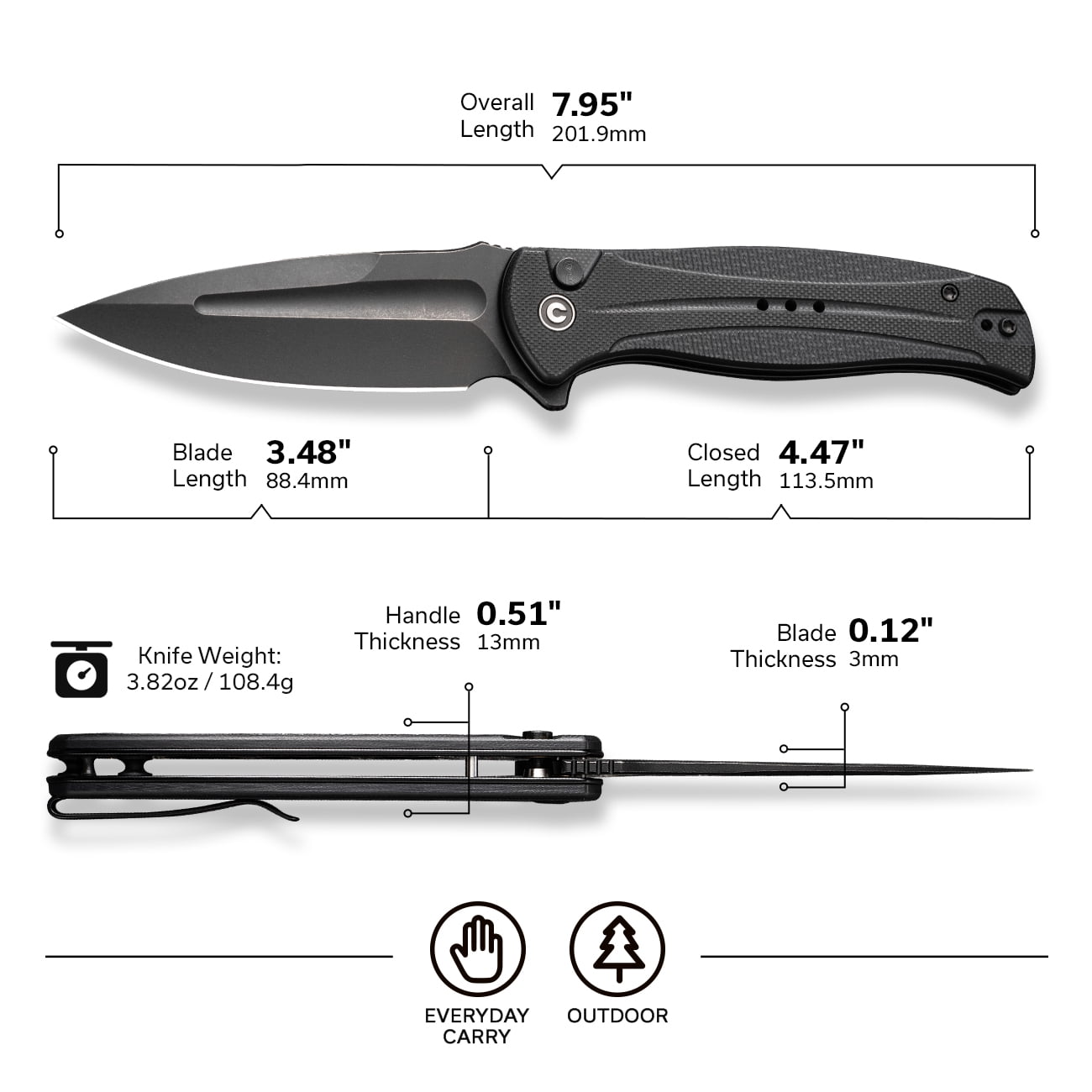 CIVIVI Incindie Pocket Folding Knife with 3.48" 14C28N Blade G10 Handle C23053-1, Black
