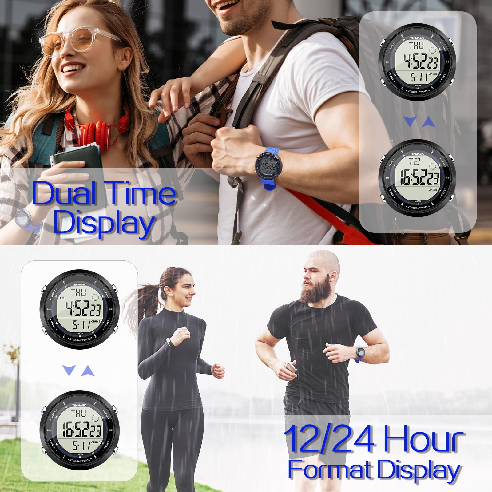 Big Face Sports Wrist Watch 10 ATM Waterproof for Men Swimming and Diving with Alarm Clock, Stopwatch, Timer, Dual Time Zone, Calendar, Backlight, 12 or 24 Hours Format