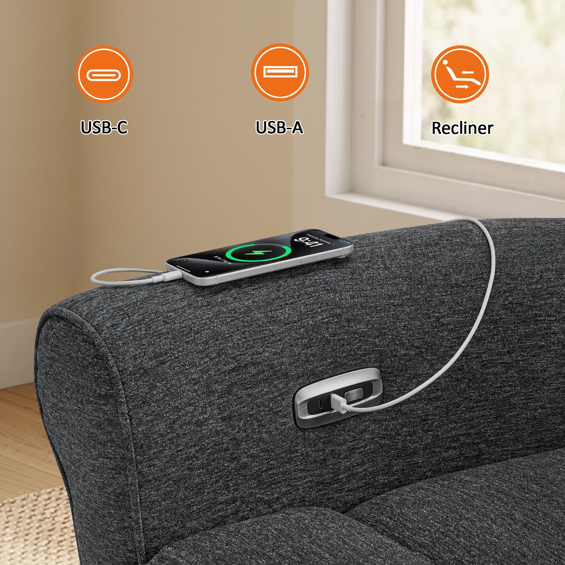 MCombo Small Wall Hugger Power Recliner Chair for Small Space RV Living Room, , Modern Roll Arm Recliner, Fabric, Dark Grey