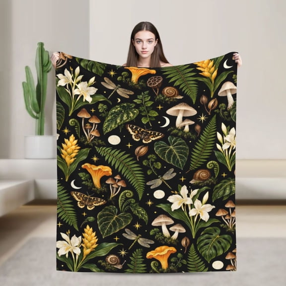 Botanical Blanket Mushroom Fern Flannel Throw Blanket Nature Lover Home Decor Gift 50x40 in