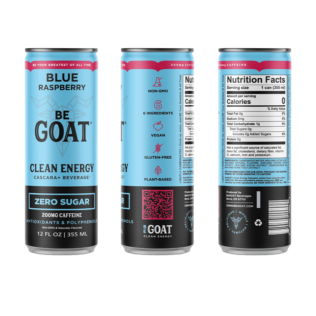 BeGOAT Blue Raspberry Zero Sugar Clean Energy Drink, 12 oz can (12 Pack)