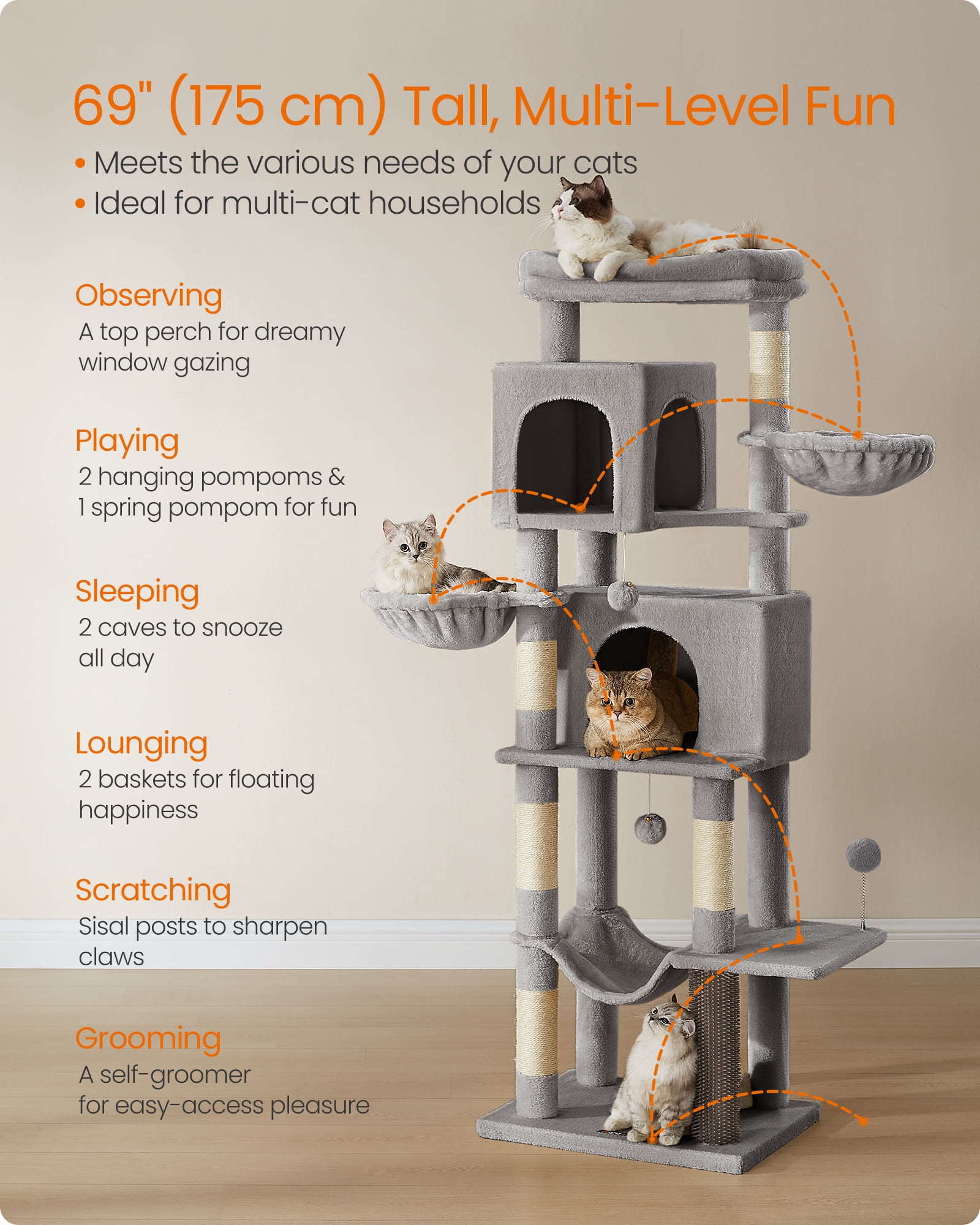 69 Inch Tall Cat Tree Tower for Indoor Cats, Multi-Level Cat Condo with 2 Caves, 2 Baskets, 5 Scratching Posts, Self-Groomer, Perch, and Hammock, Dove Gray