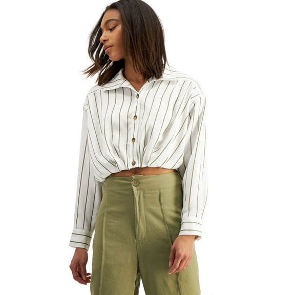 Now This Womens Cotton Cropped Shirt White With Olive Stripe S