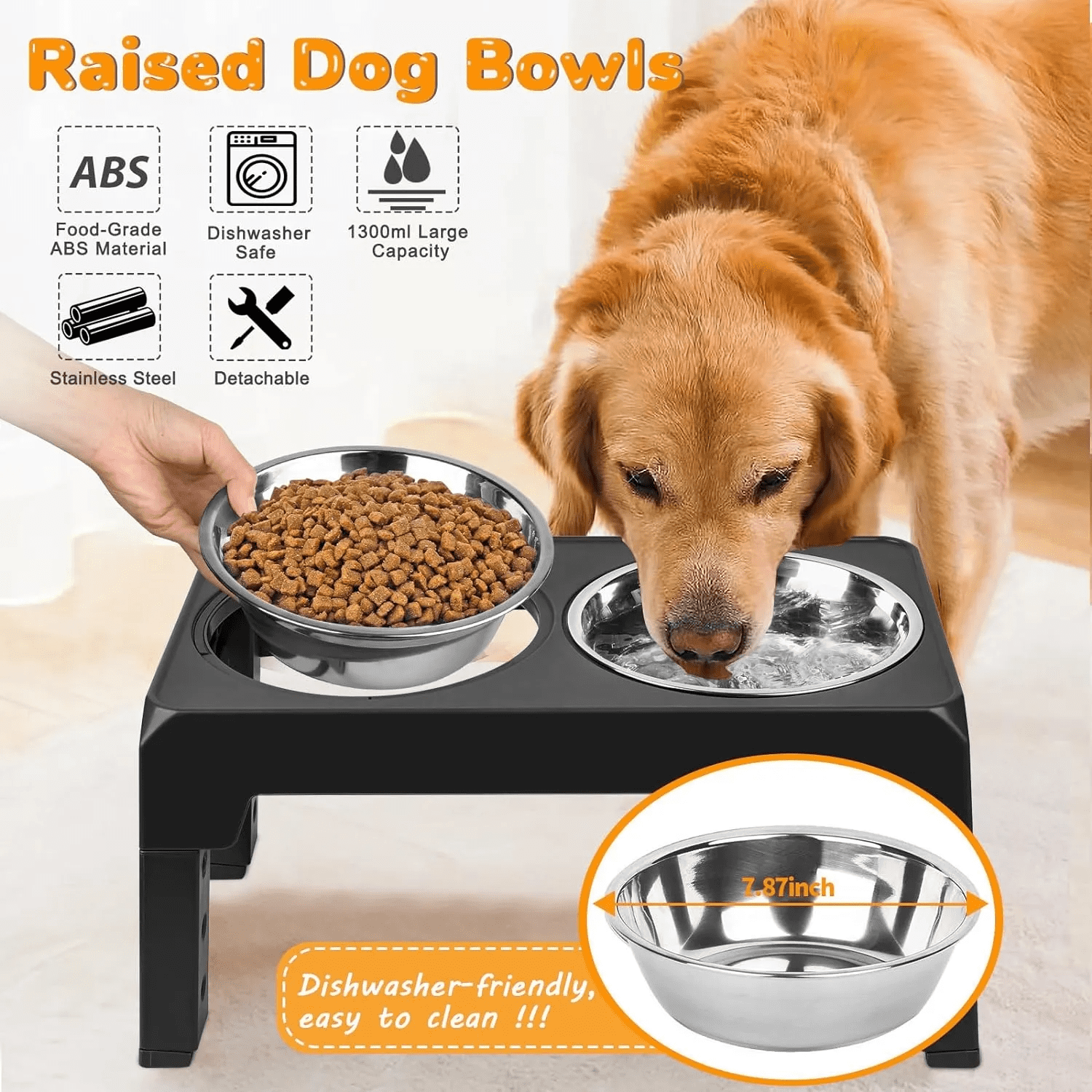 Asunby Adjustable Elevated Pet Bowls - 4-Height Raised Stand with Twin 50oz Stainless Steel Bowls, Non-Slip, Fits Small, Large Pets (3.2” to 11.8”)