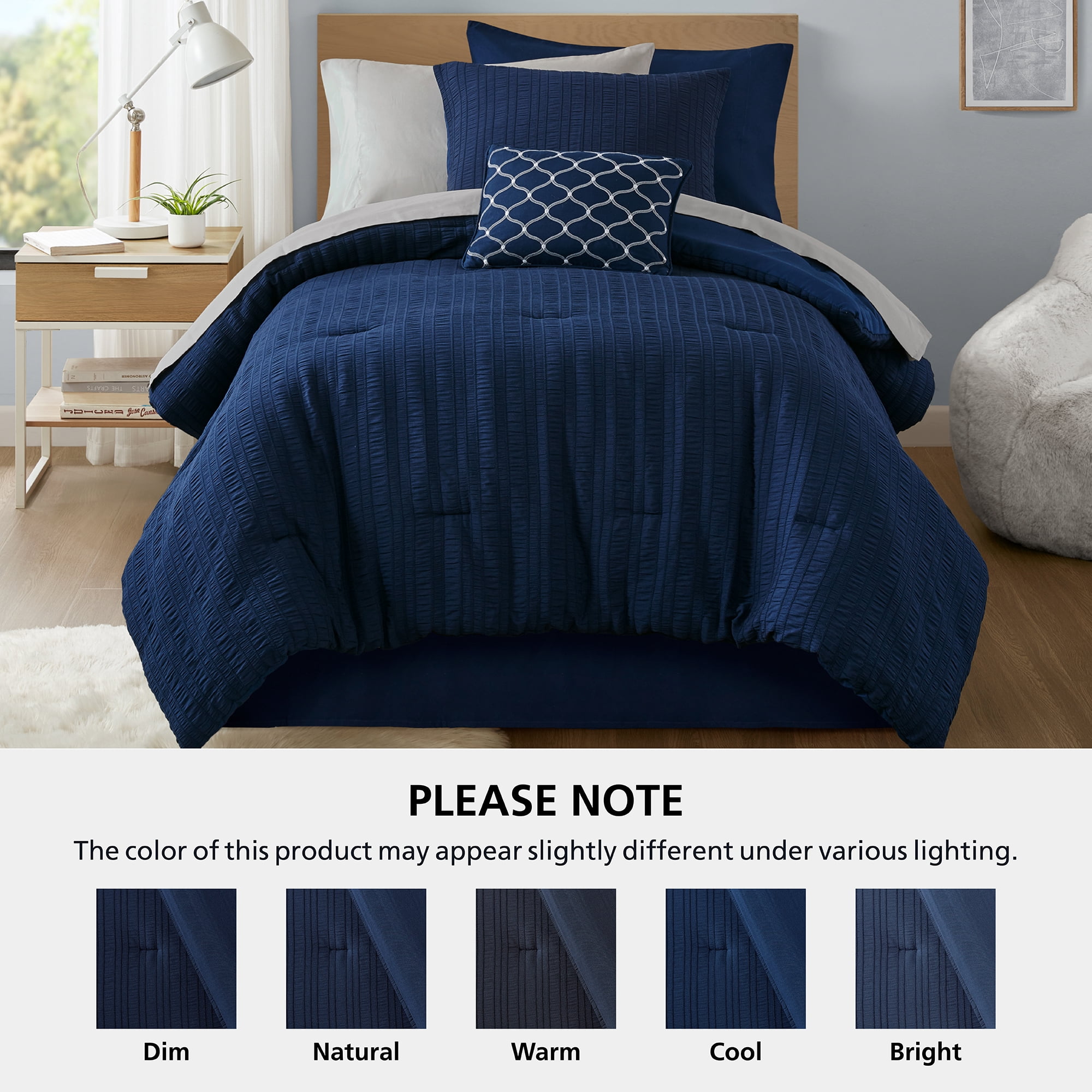 Mainstays All in One Reversible Comforter and Sheet set- 8 Piece, Twin, Navy Seersucker