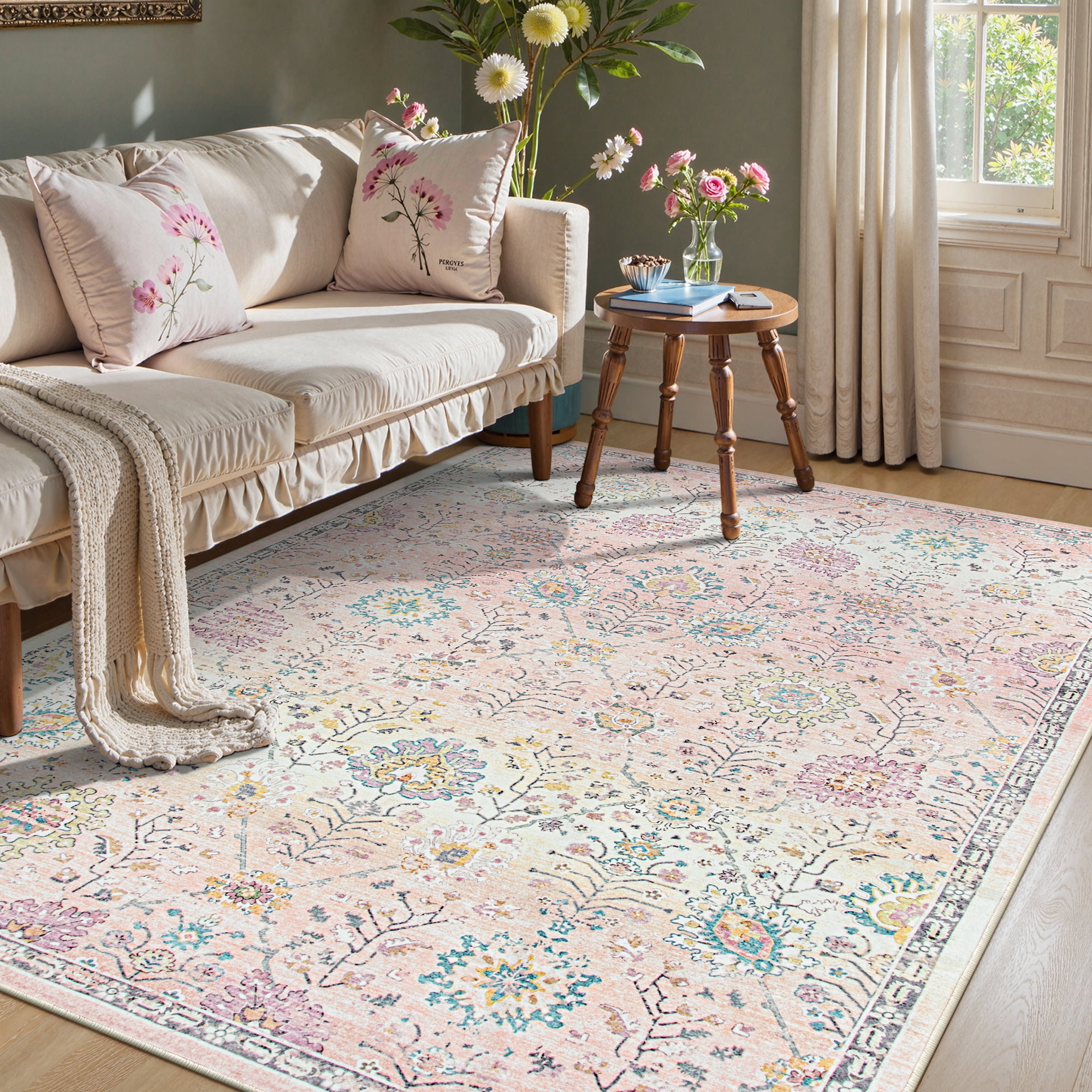 Wonnitar 5'x7' Pink Boho Area Rug,5x7ft Rugs for Bedroom Girls Nursery Area Rugs Soft Floral Playroom Rug, Machine Washable Pastel Rug Non Slip Floor Carpet for Large Living Room Bedroom Carpet