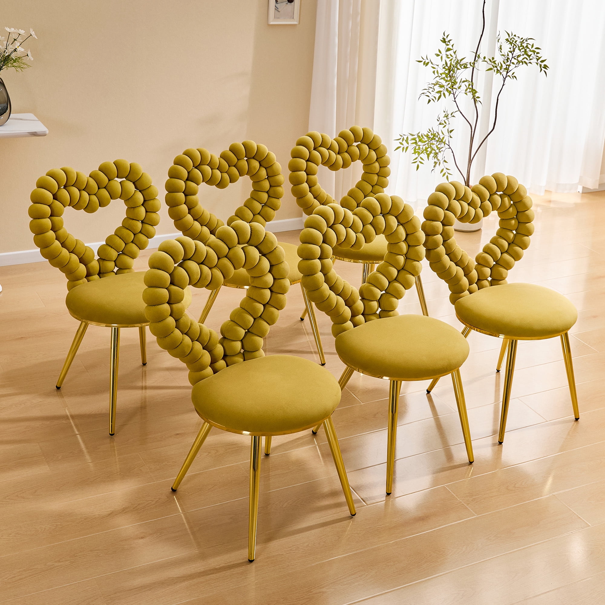 Leumius Set of 2 Unique Heart Bubble Tufted Accent Chair, Plush Velvet Chair with Shiny Gold Metal Frame, Cute & Modern Seating for Home Decor Yellow