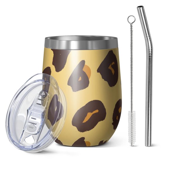 12oz Stemless Wine Tumblers Yellow and Brown Of Leopard Print Vacuum Insulated Stainless Steel Travel Tumbler Cups Mug with Lid and Straw for Champaign,Cocktail,Beer with Cleaning Brush