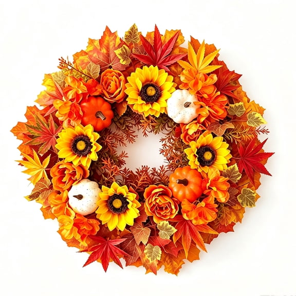 18" Fall Wreath for Front Door Artificial Maple Leaves Harvest Door Wreath with Sunflowers Roses Pumpkins for Porch Thanksgiving Indoor Outdoor Fall Decor