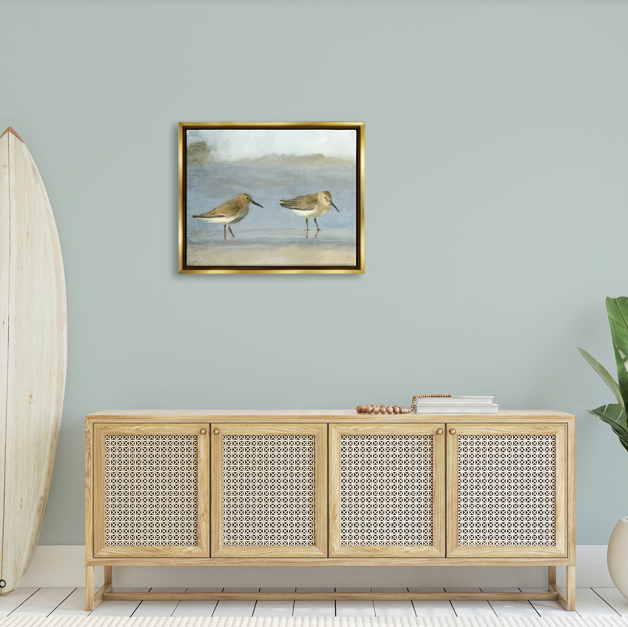 Stupell Industries Two Sandpipers Stepping Beach Shore Painting Metallic Gold Floating Framed Canvas Print Wall Art, Design by Kim Allen