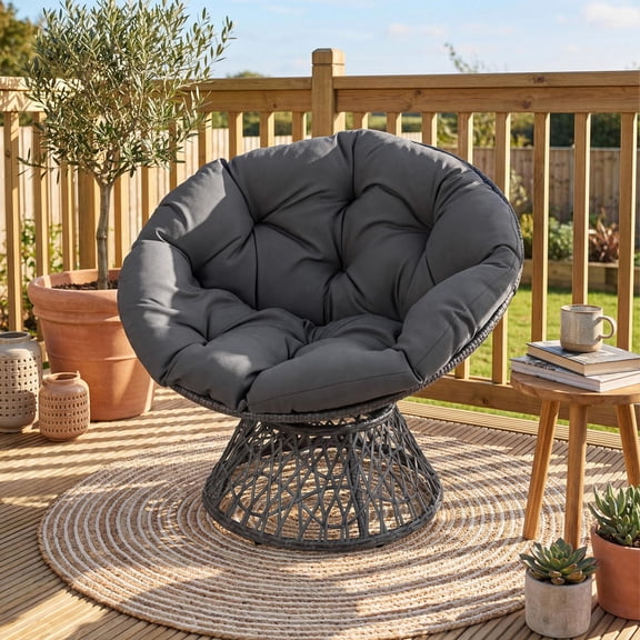 Swivel Papasan Chair, 360-degree swivel round wicker lounge chair with thick cushion and metal frame, for living room patio, grey