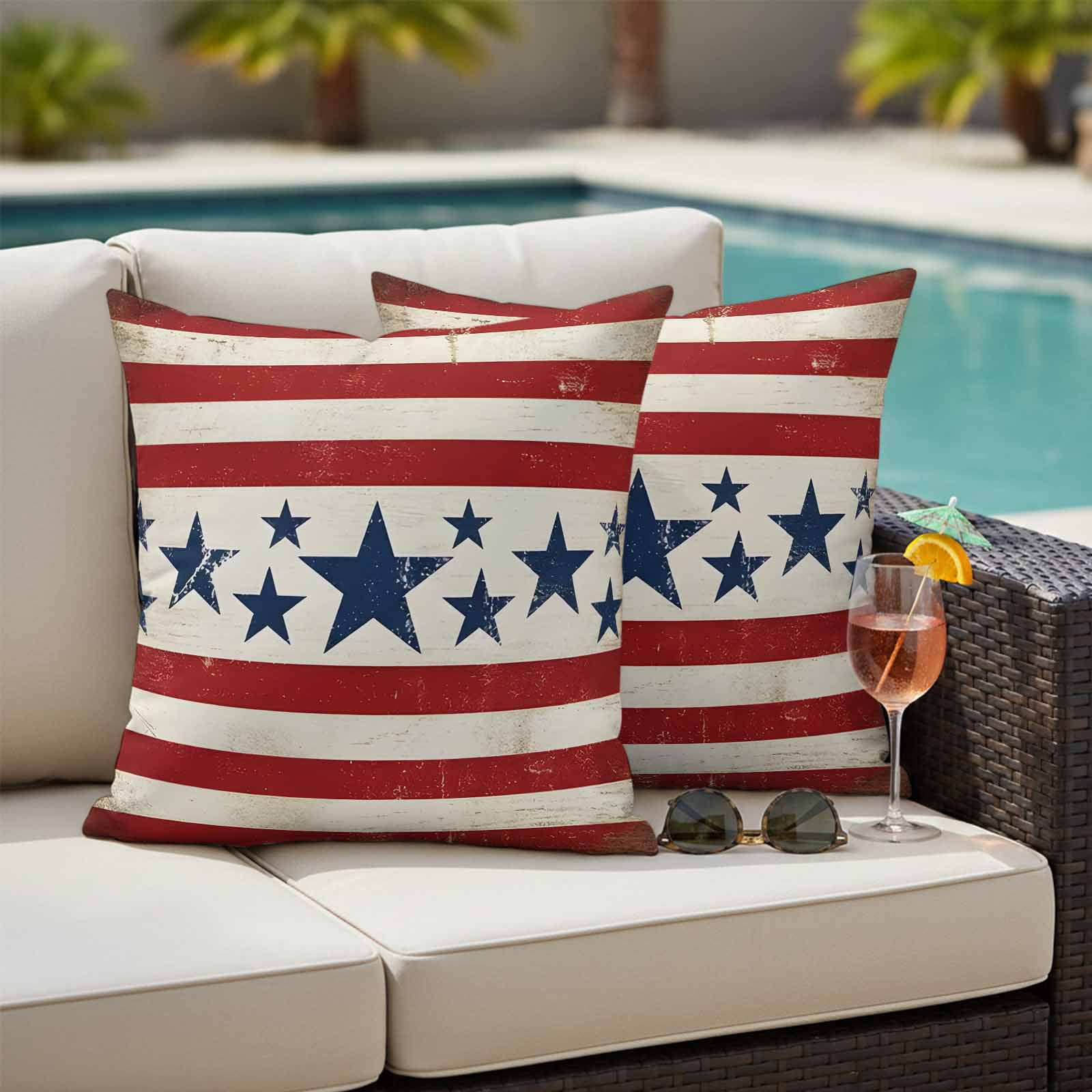 Vintage Stars Independence Day Outdoor Waterproof Pillow Covers, 4th of July Retro Striped Decorative Square Throw Pillowcase Sofa Cushion Sham for Patio/Couch/Chair, 20"x20" 2 Pack