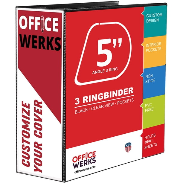 5 inch Ring Binder with Slant D-Rings, Black, Clear View, Pockets ...