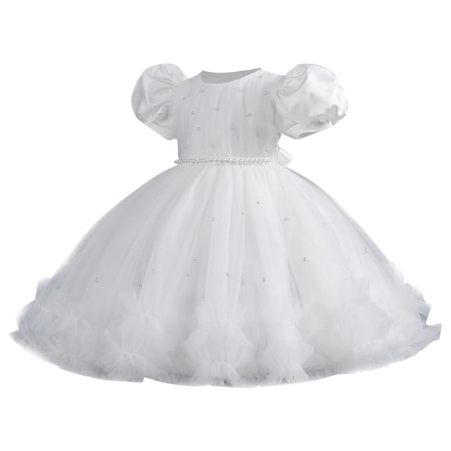 Birthday Party Dress for Girls, Short Sleeve Ruffled Lace Round-Neck Embroidery Mesh Princess Bow Skirt in Pink, Size 80 cm, Lightweight Polyester-Spandex Blend